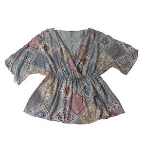 Haptics Holly Harper 2X surplice crossover v neck blouse patchwork 3/4 sleeve